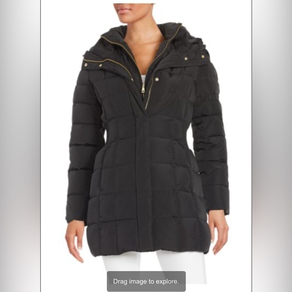 COLE HAAN
Shirred-Waist Hooded Quilted Down Coat size xs